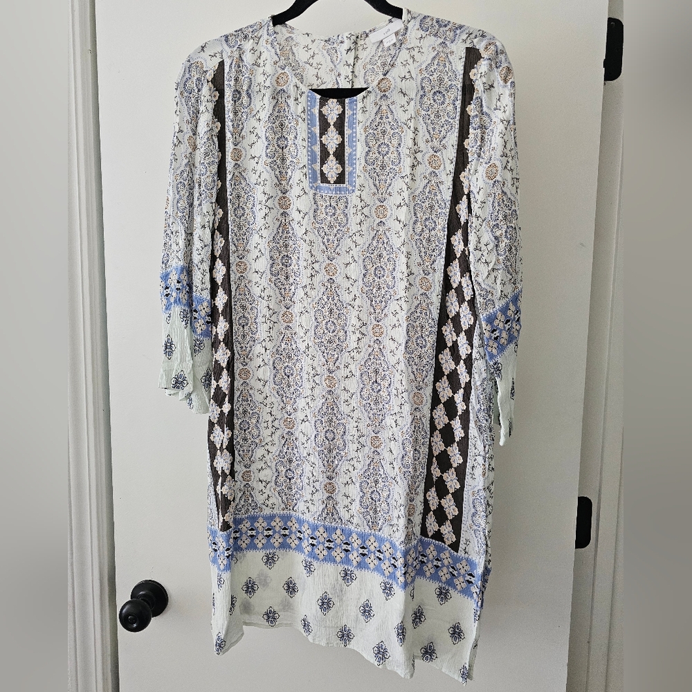 J Jill Tunic Top Seaglass Mix Print Boho Rayon 3/4 Sleeve Light Size Medium